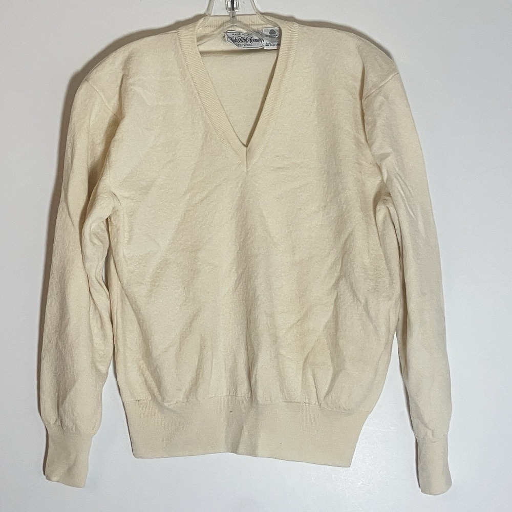 Saks Fifth Avenue Sweater Womens XL Cream 100% Virgin Wool Vintage Soft Preppy